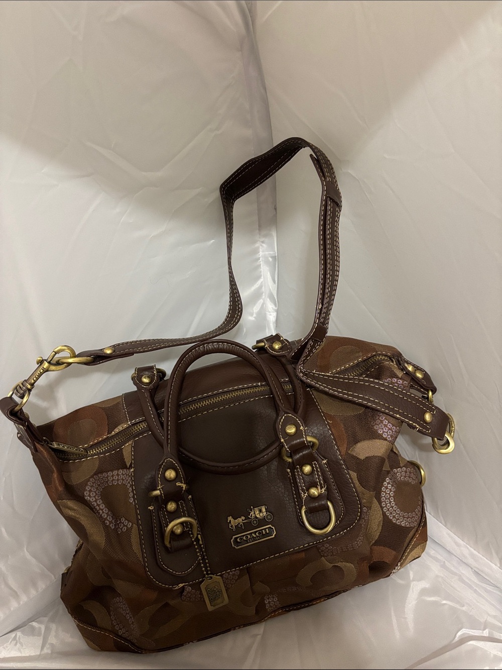 Coach Brown Signature Canvas Satchel with Gold Hardware